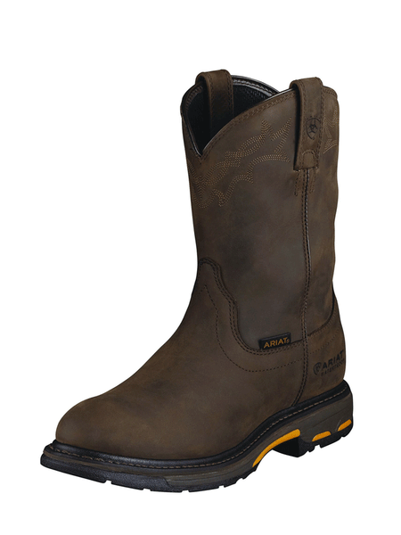 Ariat 10008633 Mens WorkHog Waterproof Work Boot Oily Distressed Brown front and side view.If you need any assistance with this item or the purchase of this item please call us at five six one seven four eight eight eight zero one Monday through Saturday 10:00a.m EST to 8:00 p.m EST