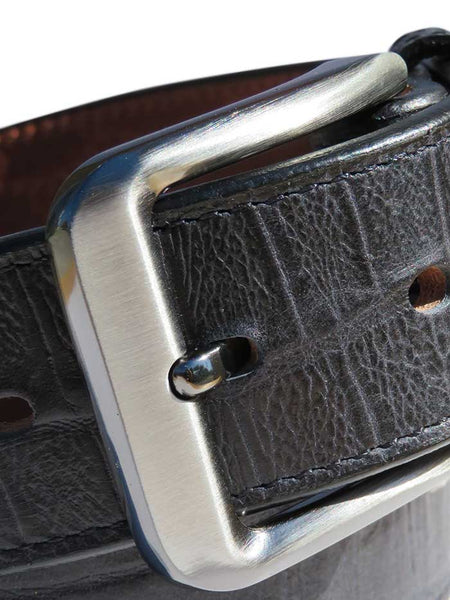 Gingerich 8244-18 Mens Port Leon Gator Pattern With Scallops Leather Belt Black close up buckle view. If you need any assistance with this item or the purchase of this item please call us at five six one seven four eight eight eight zero one Monday through Saturday 10:00a.m EST to 8:00 p.m EST