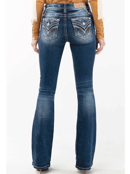 Miss Me M3444B51 Mid-Rise Boot Jean Peace and Love Dark Blue back view. If you need any assistance with this item or the purchase of this item please call us at five six one seven four eight eight eight zero one Monday through Saturday 10:00a.m EST to 8:00 p.m EST