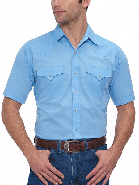 Ely Cattleman 15201605-82 Mens Short Sleeve Solid Western Shirt Light Blue front view tucked in. If you need any assistance with this item or the purchase of this item please call us at five six one seven four eight eight eight zero one Monday through Saturday 10:00a.m EST to 8:00 p.m EST