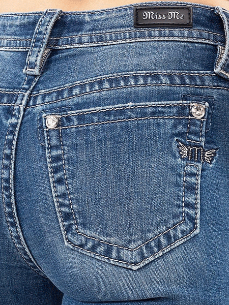 Miss Me M3636B61 Womens Mid-Rise Bootcut Jeans Medium Blue back pocket view. If you need any assistance with this item or the purchase of this item please call us at five six one seven four eight eight eight zero one Monday through Saturday 10:00a.m EST to 8:00 p.m EST