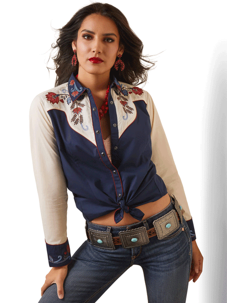 Ariat 10043688 Womens Loretta Shirt Navy Buttercream front view. If you need any assistance with this item or the purchase of this item please call us at five six one seven four eight eight eight zero one Monday through Saturday 10:00a.m EST to 8:00 p.m EST