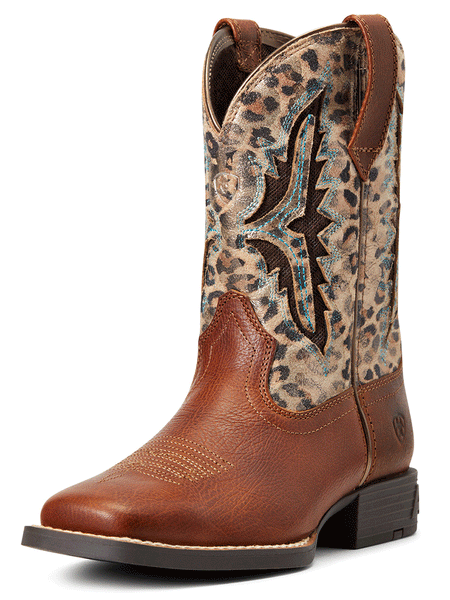 Ariat 10040258 Youth Koel VentTek Western Boot Metallic Leopard Spiced Cider front-side view. If you need any assistance with this item or the purchase of this item please call us at five six one seven four eight eight eight zero one Monday through Saturday 10:00a.m EST to 8:00 p.m EST