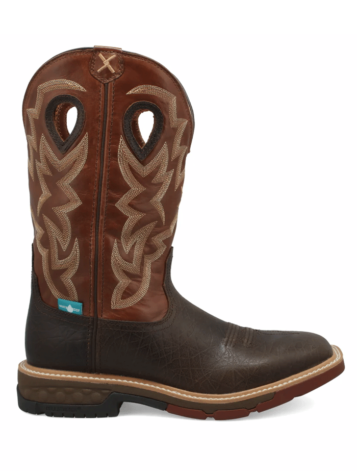 Twisted X MXBW002 Mens Waterproof Western Work Boot Smokey Chocolate front and side view. If you need any assistance with this item or the purchase of this item please call us at five six one seven four eight eight eight zero one Monday through Saturday 10:00a.m EST to 8:00 p.m EST