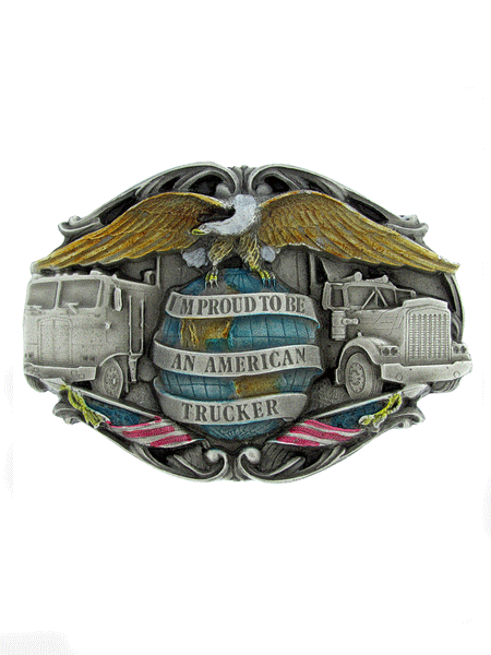 Western Express BU-007-E Proud To Be An American Trucker Belt Buckle front view. If you need any assistance with this item or the purchase of this item please call us at five six one seven four eight eight eight zero one Monday through Saturday 10:00a.m EST to 8:00 p.m EST