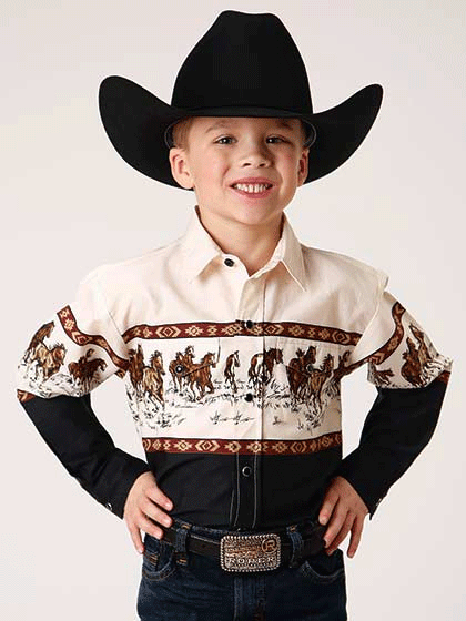 Roper 03-030-0421-1014 Kids Long Sleeve Running Horse Border Print Shirt Brown front view. If you need any assistance with this item or the purchase of this item please call us at five six one seven four eight eight eight zero one Monday through Saturday 10:00a.m EST to 8:00 p.m EST
