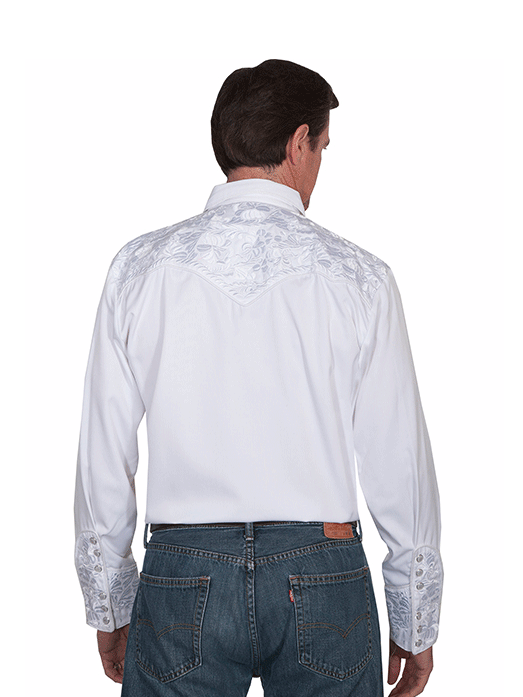 Scully P-634-WHT Mens Floral Tooled Embroidery Western Shirt White front view. If you need any assistance with this item or the purchase of this item please call us at five six one seven four eight eight eight zero one Monday through Saturday 10:00a.m EST to 8:00 p.m EST
