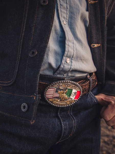 Montana Silversmiths A958 Independence Founded Attitude Buckle Silver on model. If you need any assistance with this item or the purchase of this item please call us at five six one seven four eight eight eight zero one Monday through Saturday 10:00a.m EST to 8:00 p.m EST