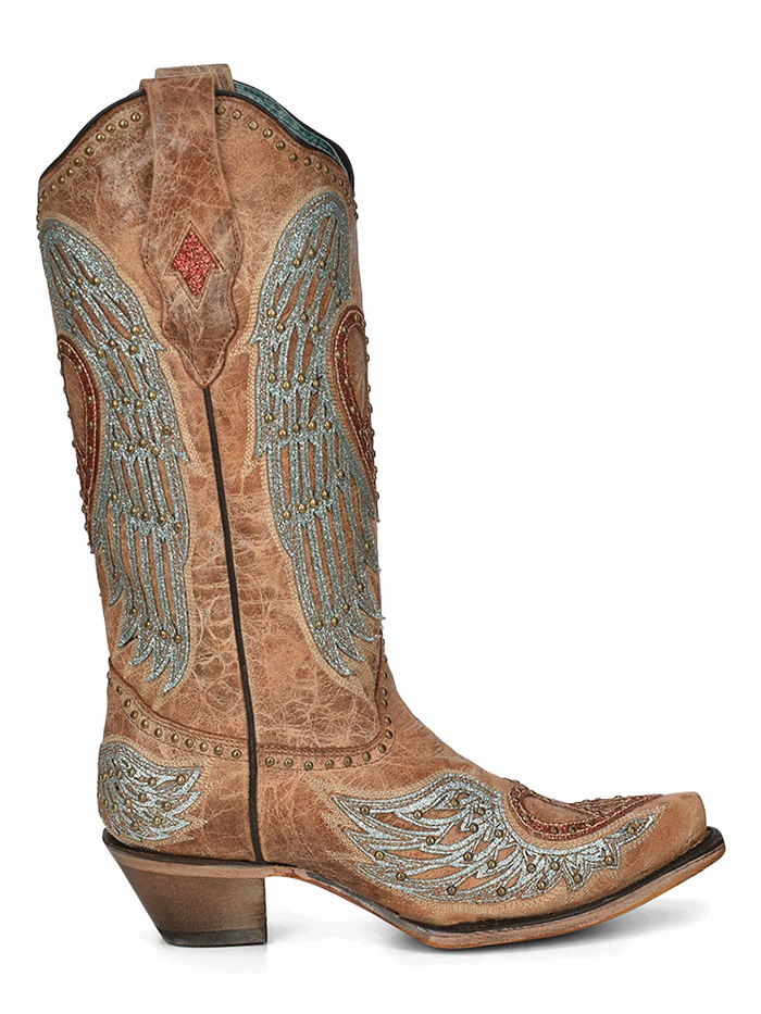 Corral A4235 Ladies Heart Wings Overlay Embroidered Boots Sand front-side view. If you need any assistance with this item or the purchase of this item please call us at five six one seven four eight eight eight zero one Monday through Saturday 10:00a.m EST to 8:00 p.m EST