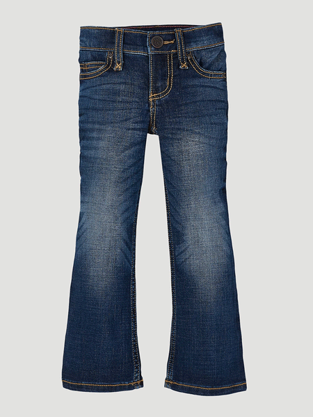 Wrangler 09MWGMS Girls Premium Patch Boot Cut Jean Medium Blue front view. If you need any assistance with this item or the purchase of this item please call us at five six one seven four eight eight eight zero one Monday through Saturday 10:00a.m EST to 8:00 p.m EST