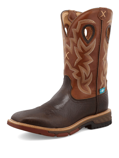 Twisted X MXBW002 Mens Waterproof Western Work Boot Smokey Chocolate front and side view. If you need any assistance with this item or the purchase of this item please call us at five six one seven four eight eight eight zero one Monday through Saturday 10:00a.m EST to 8:00 p.m EST