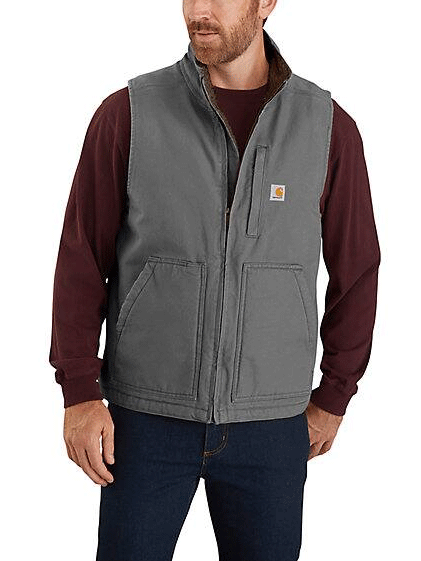 Carhartt 104277-GVL Mens Loose Fit Washed Duck Sherpa Lined Mock Neck Vest Gravel front view on model. If you need any assistance with this item or the purchase of this item please call us at five six one seven four eight eight eight zero one Monday through Saturday 10:00a.m EST to 8:00 p.m EST