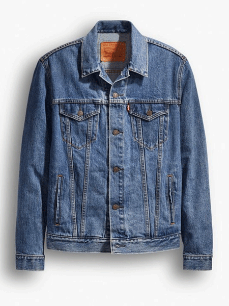 Levis 723340130 Mens Denim Trucker Jacket Medium Wash front view. If you need any assistance with this item or the purchase of this item please call us at five six one seven four eight eight eight zero one Monday through Saturday 10:00a.m EST to 8:00 p.m EST