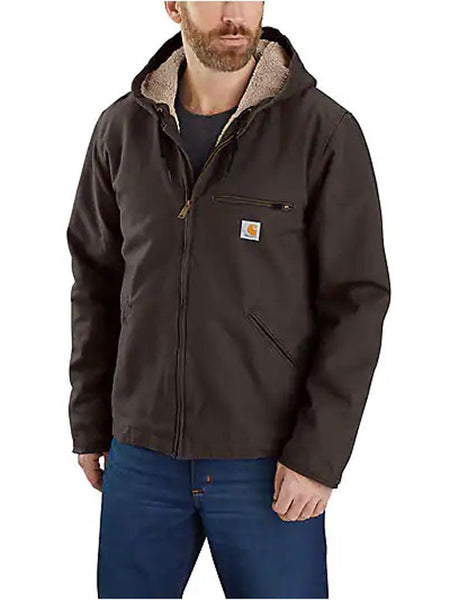Carhartt 104392-DKB Mens Relaxed Fit Washed Duck Sherpa Lined Jacket Dark Brown front view. If you need any assistance with this item or the purchase of this item please call us at five six one seven four eight eight eight zero one Monday through Saturday 10:00a.m EST to 8:00 p.m EST