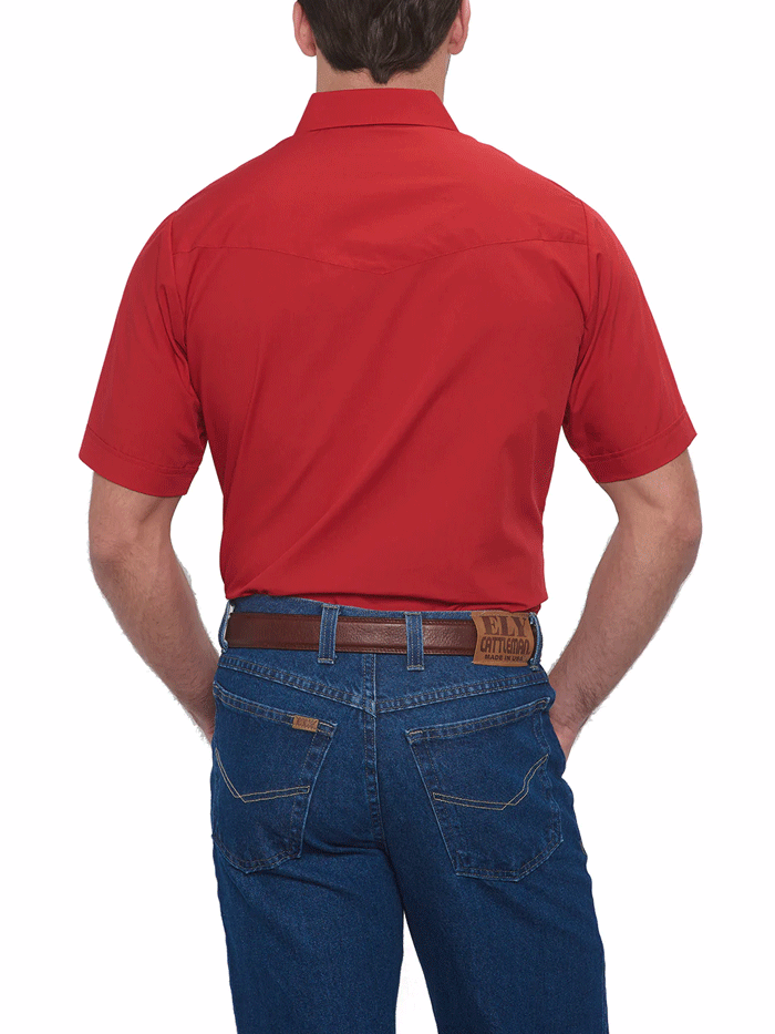 Ely Cattleman 15201605-70 Mens Short Sleeve Solid Western Shirt Red front view tucked in. If you need any assistance with this item or the purchase of this item please call us at five six one seven four eight eight eight zero one Monday through Saturday 10:00a.m EST to 8:00 p.m EST