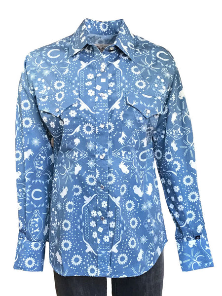 Rockmount 7733 Womens Bison Bandana Print Western Shirt Blue front view. If you need any assistance with this item or the purchase of this item please call us at five six one seven four eight eight eight zero one Monday through Saturday 10:00a.m EST to 8:00 p.m EST
