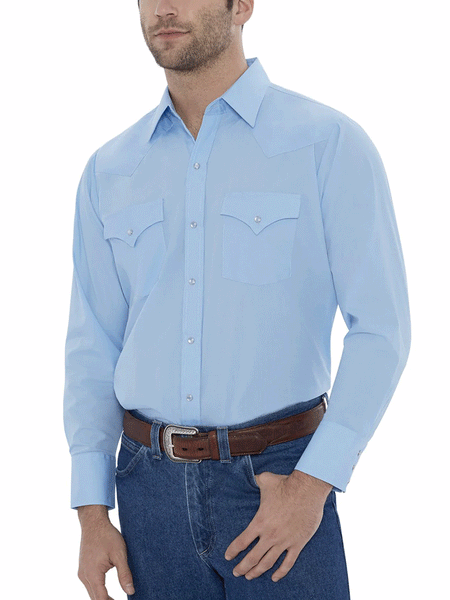 Ely Cattleman 15201905-82 Mens Long Sleeve Solid Western Shirt Light Blue front view tucked in. If you need any assistance with this item or the purchase of this item please call us at five six one seven four eight eight eight zero one Monday through Saturday 10:00a.m EST to 8:00 p.m EST