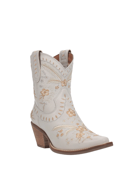 Dingo DI748-WHT Womens Primrose Ankle Western Bootie White front-side view. If you need any assistance with this item or the purchase of this item please call us at five six one seven four eight eight eight zero one Monday through Saturday 10:00a.m EST to 8:00 p.m EST