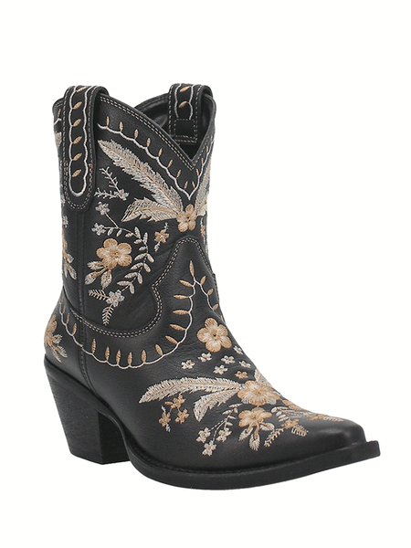 Dingo DI748 Womens Primrose Ankle Western Bootie Black front-side view. If you need any assistance with this item or the purchase of this item please call us at five six one seven four eight eight eight zero one Monday through Saturday 10:00a.m EST to 8:00 p.m EST