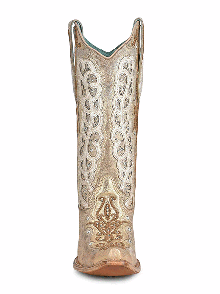 Corral C3895 Ladies Overlay Embroidered And Studs Boot Gold Bone full front view. If you need any assistance with this item or the purchase of this item please call us at five six one seven four eight eight eight zero one Monday through Saturday 10:00a.m EST to 8:00 p.m EST