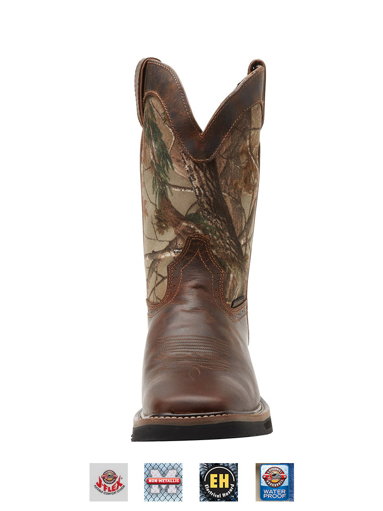 Justin WK4676 Mens Stampede Waterproof Work Boot Square Toe Camo front and side view. If you need any assistance with this item or the purchase of this item please call us at five six one seven four eight eight eight zero one Monday through Saturday 10:00a.m EST to 8:00 p.m EST