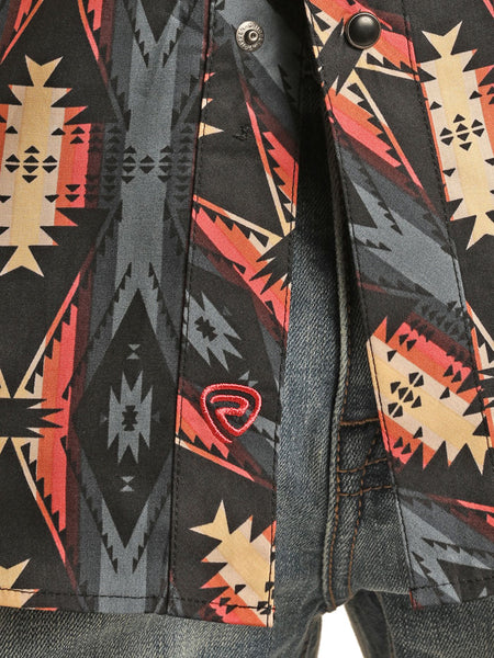 Rock & Roll Denim RRMSOSR08Q Mens Aztec Stripe Woven Snap Shirt Peach close up. If you need any assistance with this item or the purchase of this item please call us at five six one seven four eight eight eight zero one Monday through Saturday 10:00a.m EST to 8:00 p.m EST