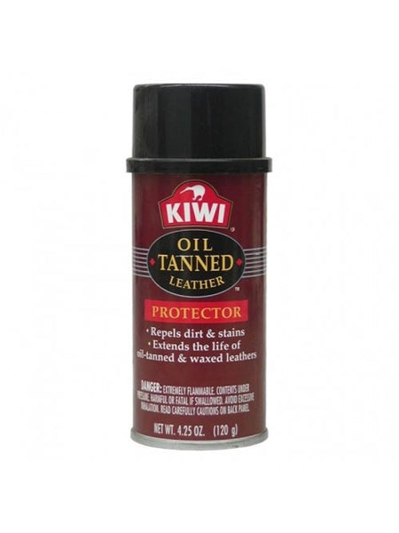 Kiwi Oil Tanned Leather Protector Spay 4oz front view of bottle. If you need any assistance with this item or the purchase of this item please call us at five six one seven four eight eight eight zero one Monday through Saturday 10:00a.m EST to 8:00 p.m EST