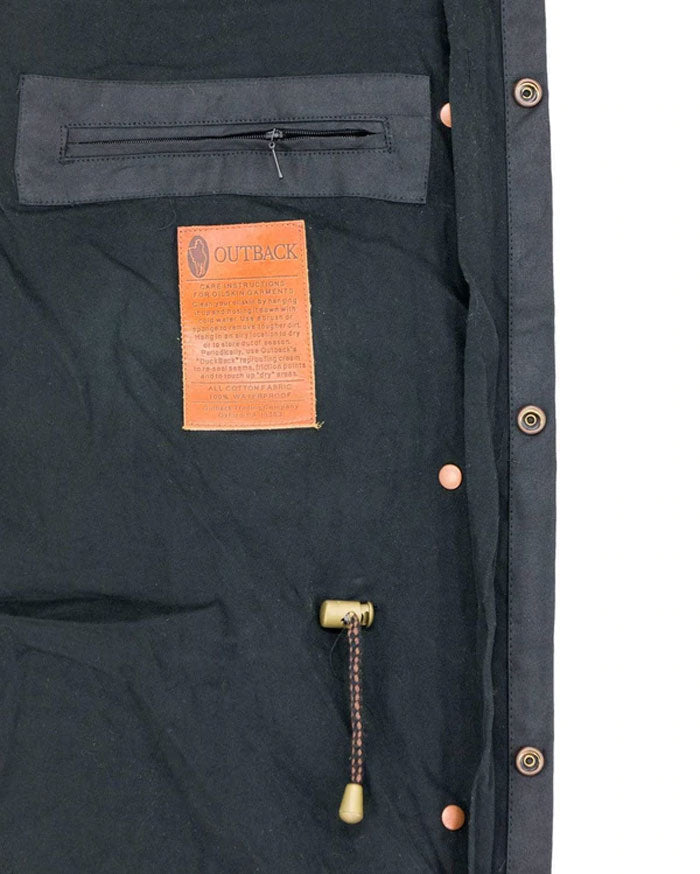 Outback Trading Company 2042-BLK Oilskin Low Rider Duster Black front view. If you need any assistance with this item or the purchase of this item please call us at five six one seven four eight eight eight zero one Monday through Saturday 10:00a.m EST to 8:00 p.m EST