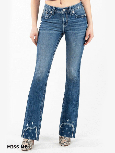 Miss Me M3636B61 Womens Mid-Rise Bootcut Jeans Medium Blue front view. If you need any assistance with this item or the purchase of this item please call us at five six one seven four eight eight eight zero one Monday through Saturday 10:00a.m EST to 8:00 p.m EST
