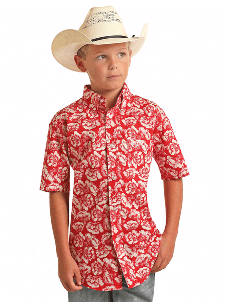 Panhandle C1D3176 Kids Boys Floral Short Sleeve Button Shirts Red front view. If you need any assistance with this item or the purchase of this item please call us at five six one seven four eight eight eight zero one Monday through Saturday 10:00a.m EST to 8:00 p.m EST