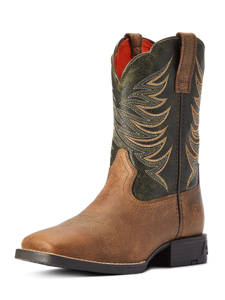 Ariat 10042414 Kids Firecatcher Western Boot Distressed Brown front and outter side view. If you need any assistance with this item or the purchase of this item please call us at five six one seven four eight eight eight zero one Monday through Saturday 10:00a.m EST to 8:00 p.m EST