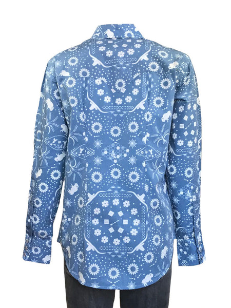 Rockmount 7733 Womens Bison Bandana Print Western Shirt Blue back view. If you need any assistance with this item or the purchase of this item please call us at five six one seven four eight eight eight zero one Monday through Saturday 10:00a.m EST to 8:00 p.m EST