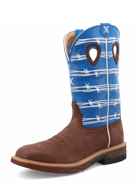 Twisted X MXBA001 Mens Alloy Toe Western Work Boot Burgundy And Sky Blue front and side view. If you need any assistance with this item or the purchase of this item please call us at five six one seven four eight eight eight zero one Monday through Saturday 10:00a.m EST to 8:00 p.m EST