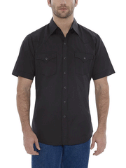 Ely Cattleman 15201605-89 Mens Short Sleeve Solid Western Shirt Black front view untucked. If you need any assistance with this item or the purchase of this item please call us at five six one seven four eight eight eight zero one Monday through Saturday 10:00a.m EST to 8:00 p.m EST