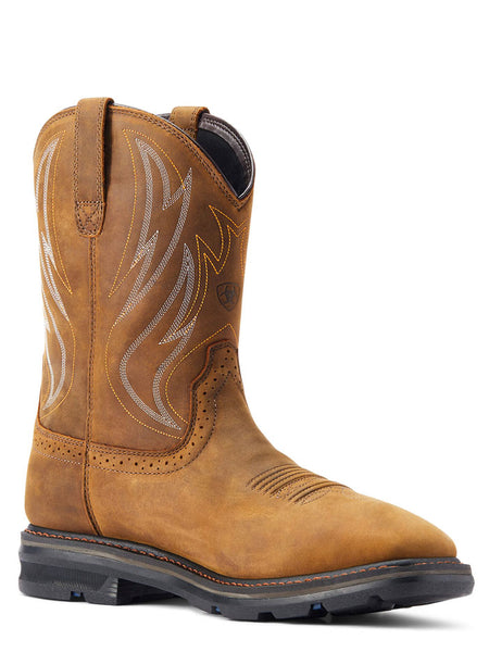 Ariat 10044545 Mens Sierra Shock Shield Waterproof Work Boot Distressed Brown side and front view. If you need any assistance with this item or the purchase of this item please call us at five six one seven four eight eight eight zero one Monday through Saturday 10:00a.m EST to 8:00 p.m EST