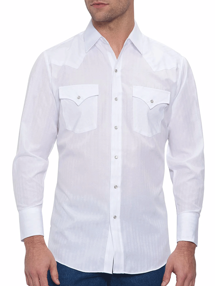 Ely Cattleman 15201934-01 Mens Long Sleeve Tone On Tone Western Shirt White front view tucked in. If you need any assistance with this item or the purchase of this item please call us at five six one seven four eight eight eight zero one Monday through Saturday 10:00a.m EST to 8:00 p.m EST