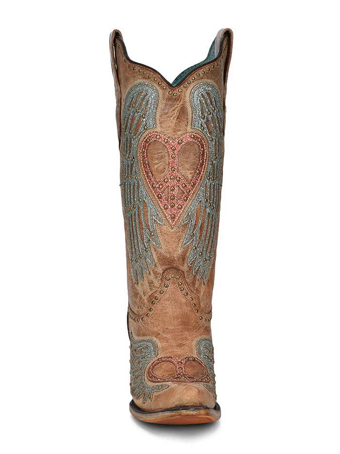 Corral A4235 Ladies Heart Wings Overlay Embroidered Boots Sand front-side view. If you need any assistance with this item or the purchase of this item please call us at five six one seven four eight eight eight zero one Monday through Saturday 10:00a.m EST to 8:00 p.m EST