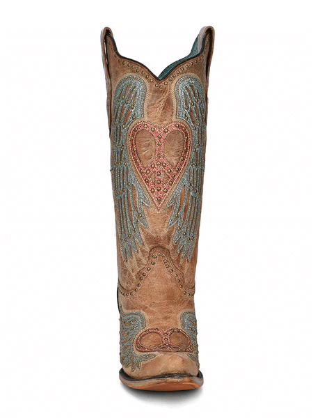Corral A4235 Ladies Heart Wings Overlay Embroidered Boots Sand full front view. If you need any assistance with this item or the purchase of this item please call us at five six one seven four eight eight eight zero one Monday through Saturday 10:00a.m EST to 8:00 p.m EST
