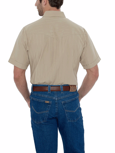 Ely Cattleman 15201634-28 Mens Short Sleeve Tone On Tone Western Shirt Khaki back view. If you need any assistance with this item or the purchase of this item please call us at five six one seven four eight eight eight zero one Monday through Saturday 10:00a.m EST to 8:00 p.m EST