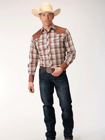 Roper 01-001-0087-3056 Mens Long Sleeve Plaid Western Shirt Brown front view. If you need any assistance with this item or the purchase of this item please call us at five six one seven four eight eight eight zero one Monday through Saturday 10:00a.m EST to 8:00 p.m EST