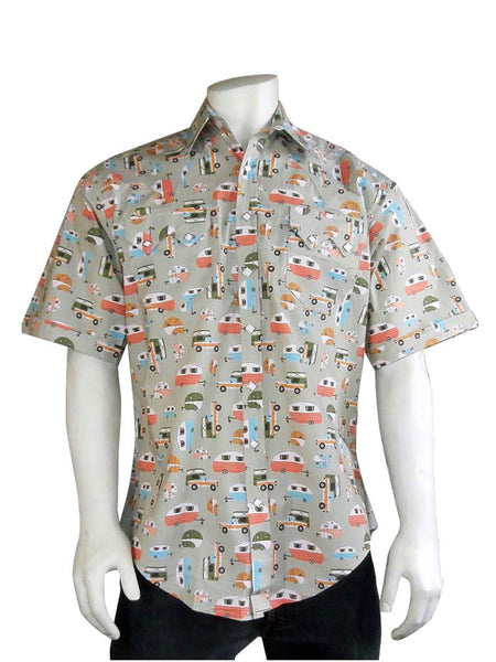 Rockmount 1646 Mens Retro Campers Print Short Sleeve Western Shirt Green front view. If you need any assistance with this item or the purchase of this item please call us at five six one seven four eight eight eight zero one Monday through Saturday 10:00a.m EST to 8:00 p.m EST