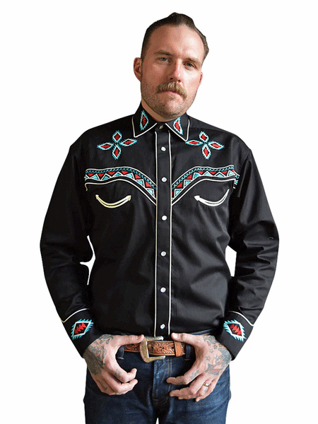 Rockmount 6860 Mens Native Pattern Embroidery Western Shirt Black front view. If you need any assistance with this item or the purchase of this item please call us at five six one seven four eight eight eight zero one Monday through Saturday 10:00a.m EST to 8:00 p.m EST