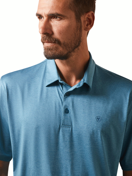 Ariat 10043573 Mens Charger 2.0 Polo Eurasian Teal front close up. If you need any assistance with this item or the purchase of this item please call us at five six one seven four eight eight eight zero one Monday through Saturday 10:00a.m EST to 8:00 p.m EST