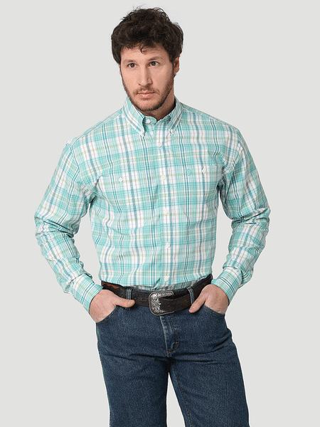 Wrangler 112314963 Mens George Strait Long Sleeve Plaid Shirt Turquoise Madras front view. If you need any assistance with this item or the purchase of this item please call us at five six one seven four eight eight eight zero one Monday through Saturday 10:00a.m EST to 8:00 p.m EST