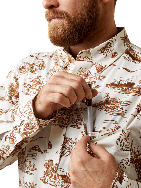 Ariat 10044020 Mens Wrinkle Resist Paniolo Western Aloha Stretch Classic Fit Shirt Sand front close up. If you need any assistance with this item or the purchase of this item please call us at five six one seven four eight eight eight zero one Monday through Saturday 10:00a.m EST to 8:00 p.m EST