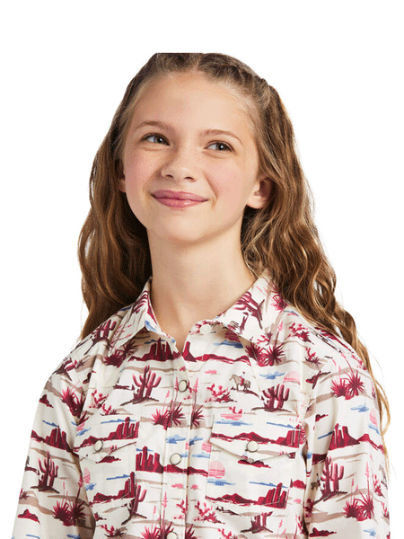 Ariat 10039507 Girls Snap LS Shirt Yuma Landscape Print collar and front pockets details. If you need any assistance with this item or the purchase of this item please call us at five six one seven four eight eight eight zero one Monday through Saturday 10:00a.m EST to 8:00 p.m EST