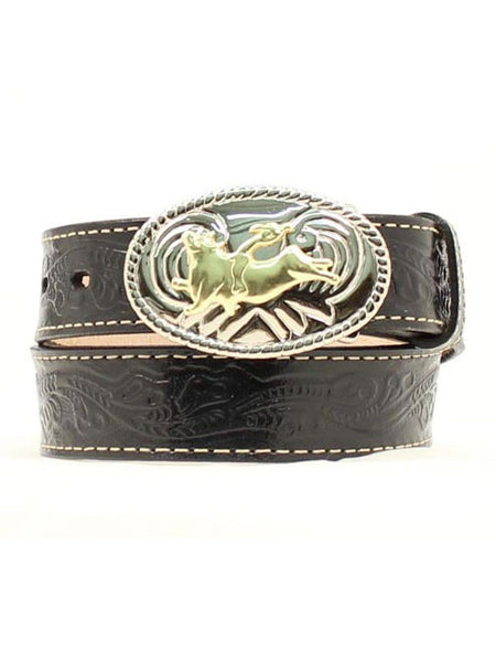 Nocona N4410401 Kids Western Belt With Bullrider Buckle Black front view. If you need any assistance with this item or the purchase of this item please call us at five six one seven four eight eight eight zero one Monday through Saturday 10:00a.m EST to 8:00 p.m EST