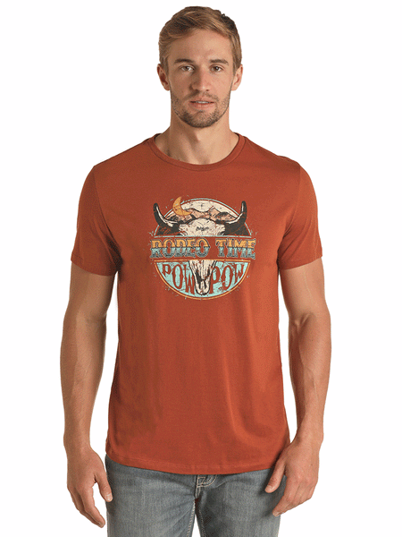 Rock & Roll Denim P9-3365 Mens Dale Brisby Rodeo Time Tee Shirt Rust full front view. If you need any assistance with this item or the purchase of this item please call us at five six one seven four eight eight eight zero one Monday through Saturday 10:00a.m EST to 8:00 p.m EST