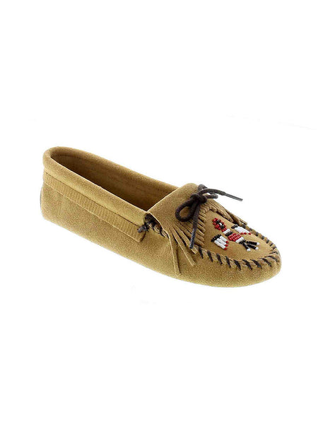 Minnetonka 151 Women's Thunderbird Softsole Moccasin Tan front and side view. If you need any assistance with this item or the purchase of this item please call us at five six one seven four eight eight eight zero one Monday through Saturday 10:00a.m EST to 8:00 p.m EST