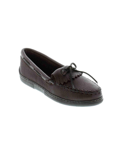 Minnetonka 392 Women's Moosehide Fringed Kilty Moc Chocolate front and side view. If you need any assistance with this item or the purchase of this item please call us at five six one seven four eight eight eight zero one Monday through Saturday 10:00a.m EST to 8:00 p.m EST